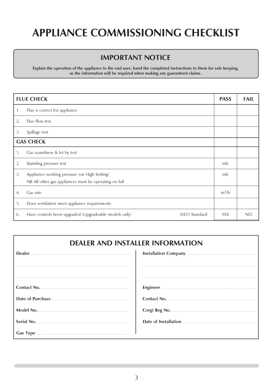 Stovax PR0696 manual Appliance Commissioning Checklist, Flue Check, Gas Check 